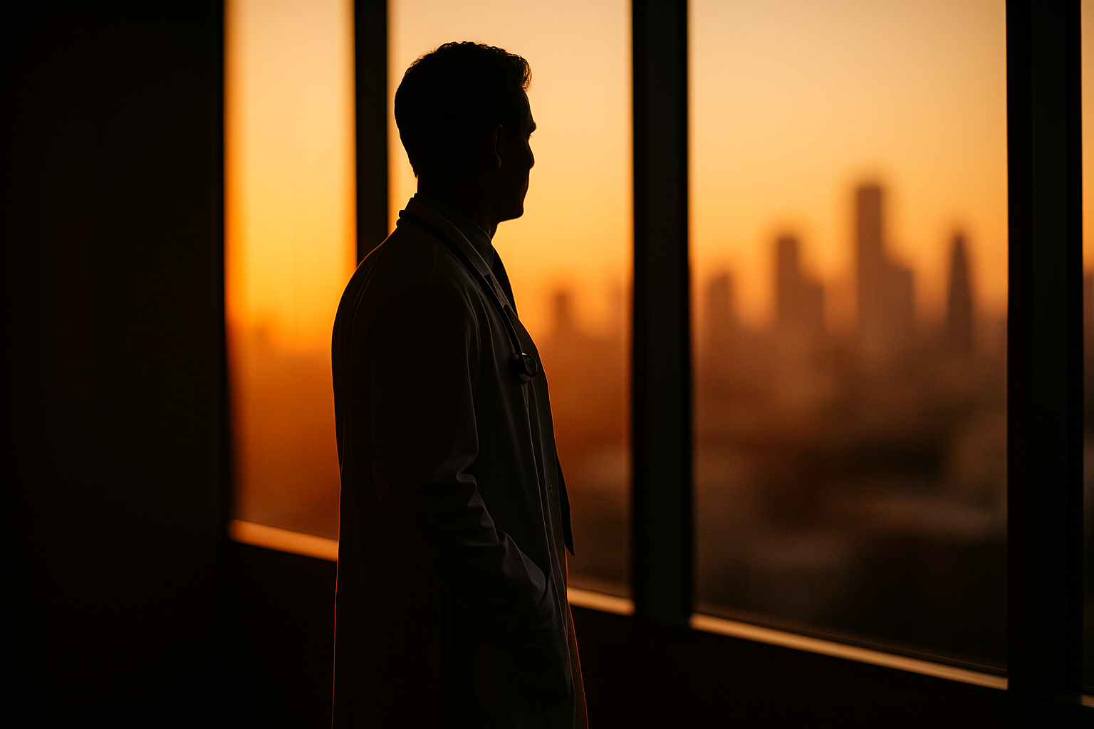 Médico sozinho observando a cidade ao entardecer, em silhueta