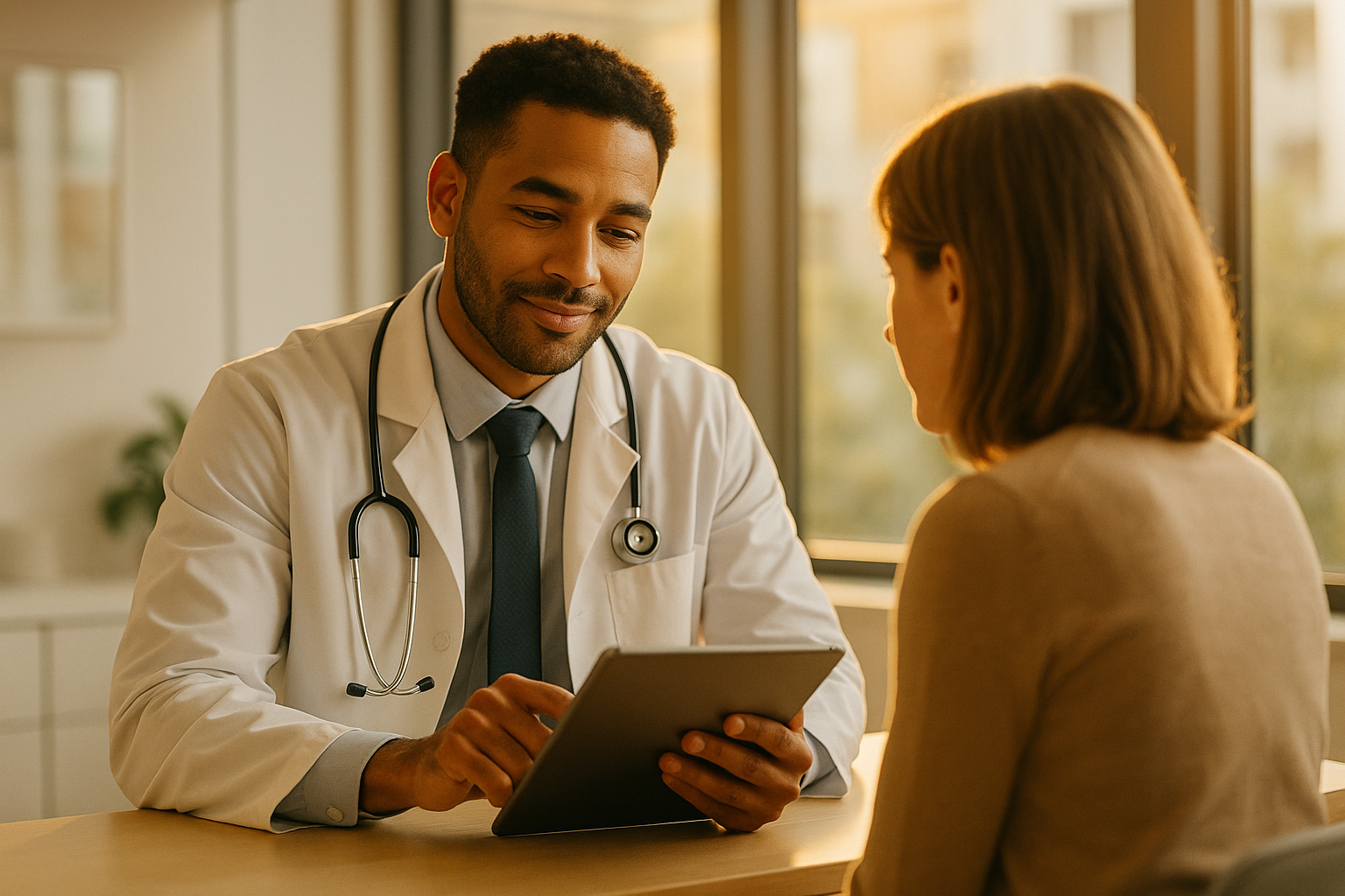 Médico sorrindo, mostrando o tablet pra paciente em consultório claro